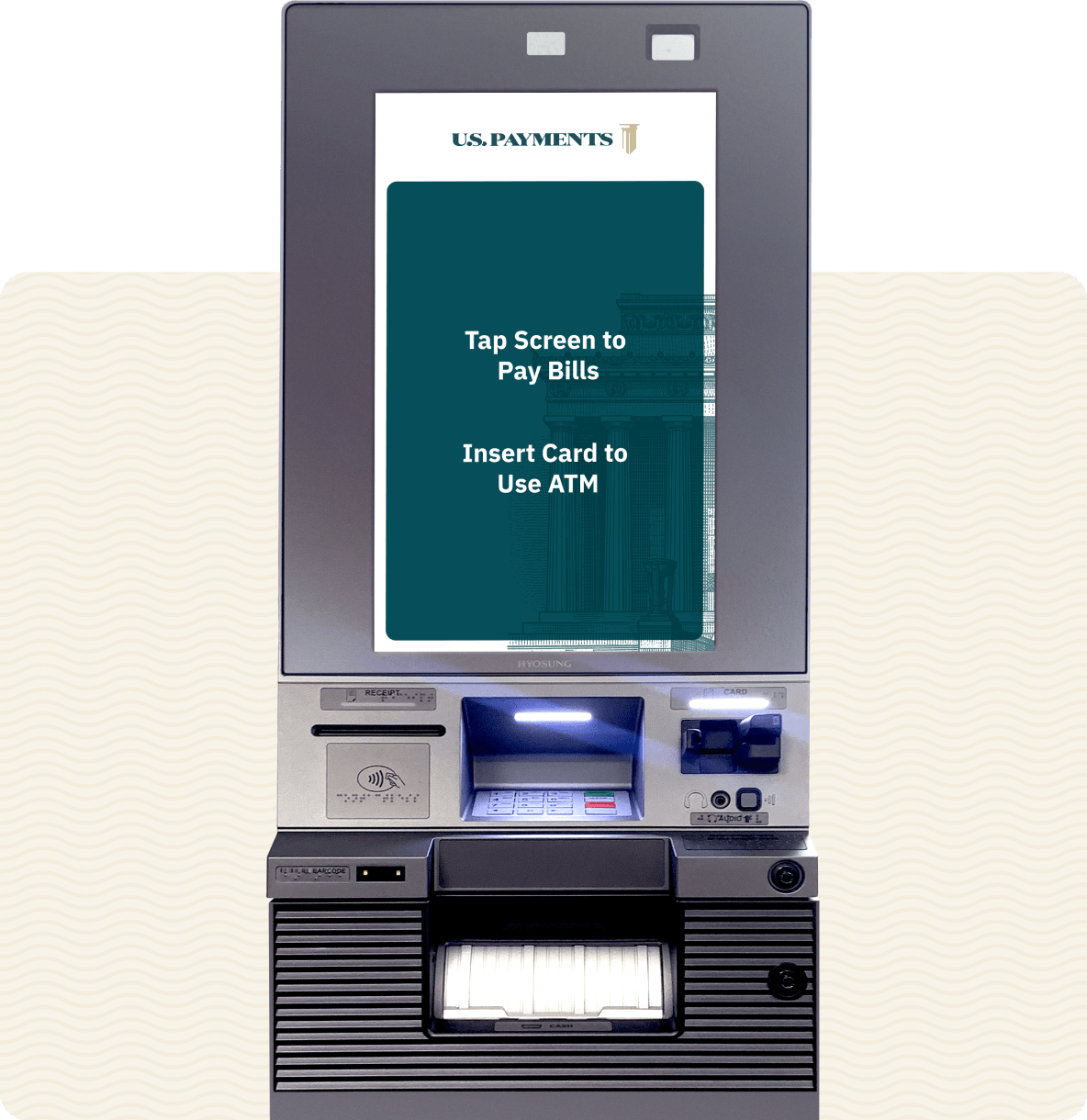 A combined bill pay and ATM kiosk, its screen reading "Tap Screen to Pay Bills" and "Insert Card to Use ATM", with a card reader, cash acceptor, and receipt printer below