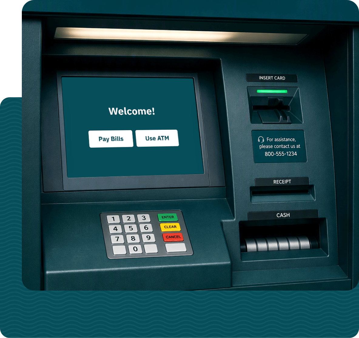 An ATM fascia, its screen reading "Welcome!" above "Pay Bills" and "Use ATM" buttons, with a PIN pad, card reader, and receipt and cash slots around it