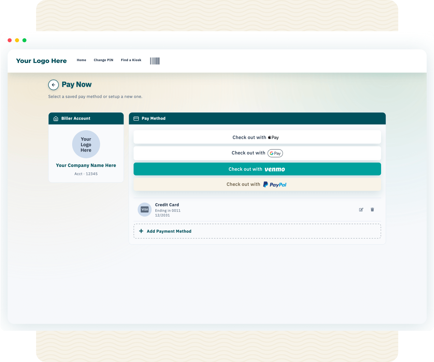 A hosted "Pay Now" page, with the biller account on the left and payment methods on the right — Apple Pay, Google Pay, Venmo, and PayPal checkout buttons above a saved credit card and an Add Payment Method link