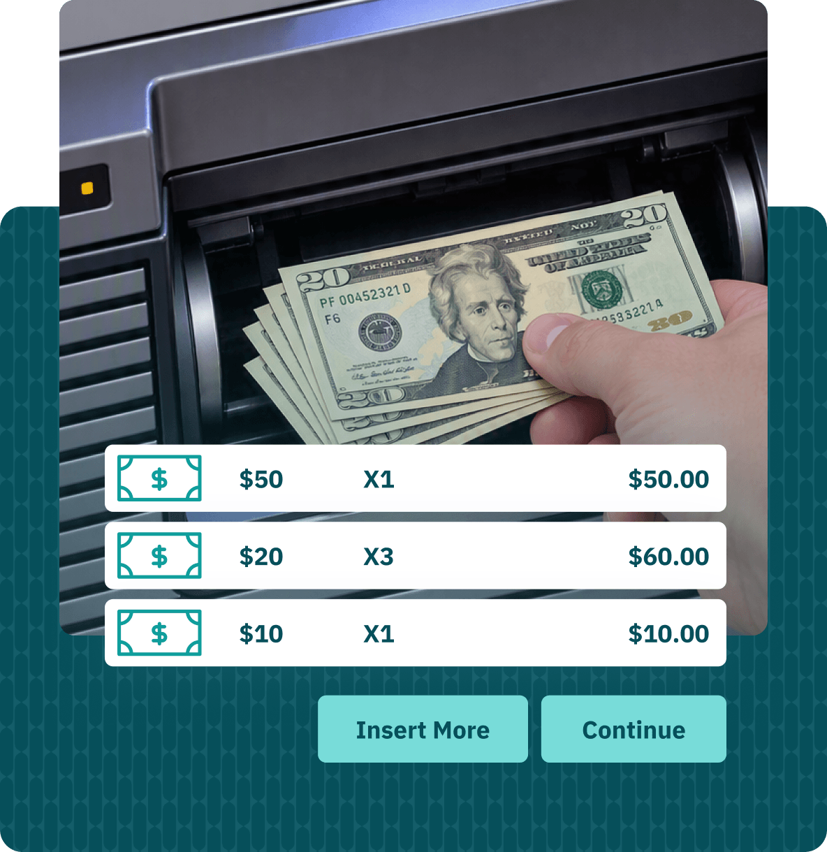 A hand feeding a stack of bills into a kiosk's cash acceptor, overlaid with a running deposit tally listing each denomination and count — one $50, three $20s, one $10 — above "Insert More" and "Continue" buttons