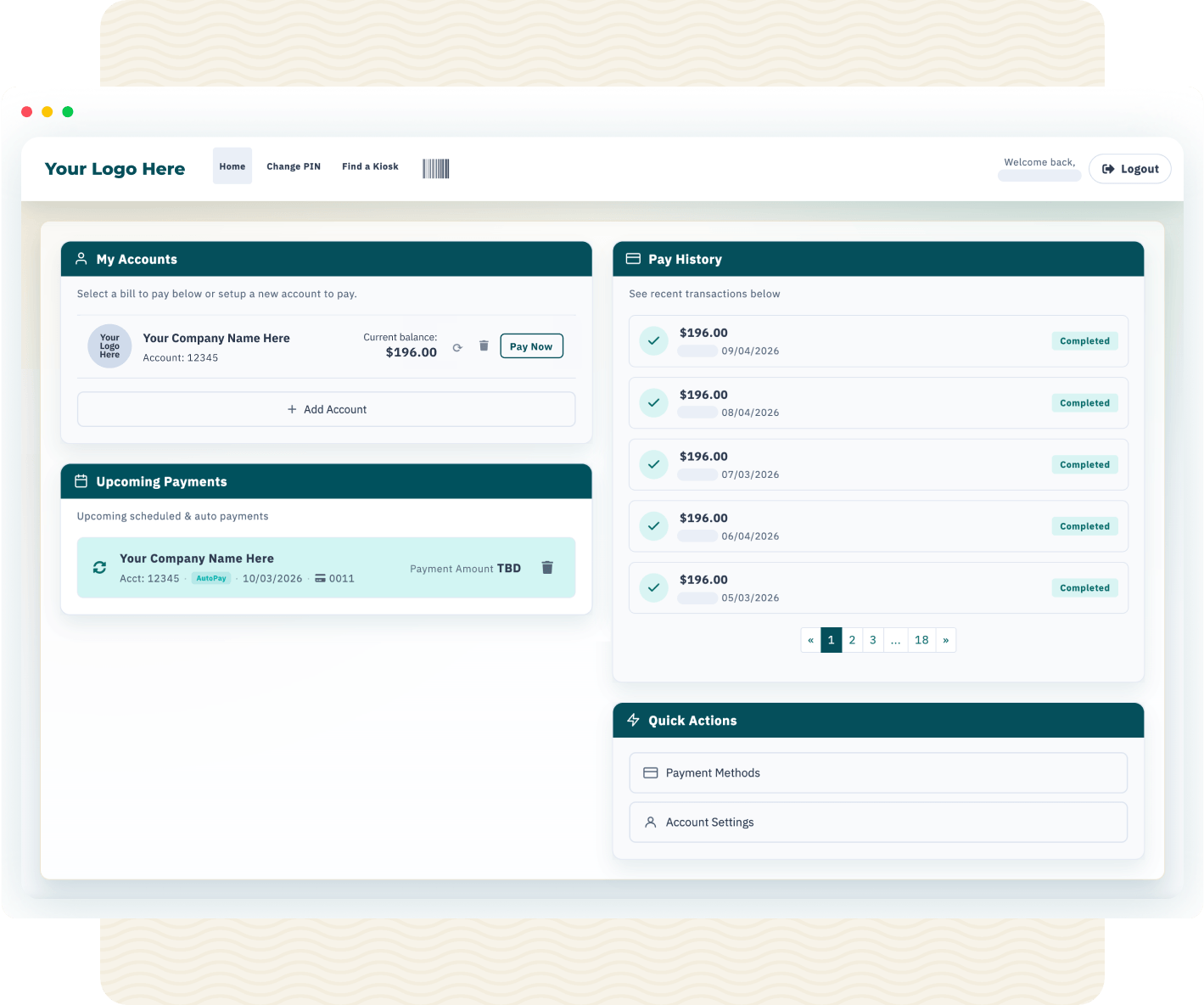 Branded customer portal dashboard with a placeholder company logo, showing an account balance and Pay Now button, upcoming payments, and completed payment history — accented in teal