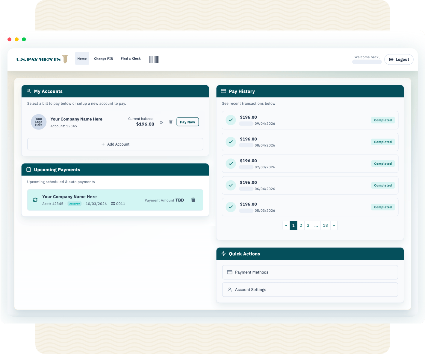 The U.S. Payments customer payment portal, showing my accounts with a current balance and Pay Now button, upcoming payments, pay history, and quick actions