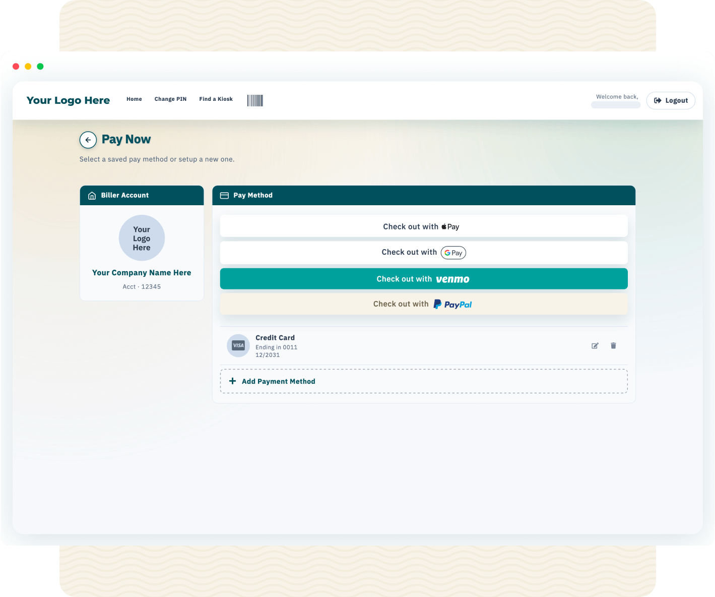 Branded portal "Pay Now" screen, with the biller account on the left and payment methods on the right — digital wallet checkout options above a saved credit card and an Add Payment Method link