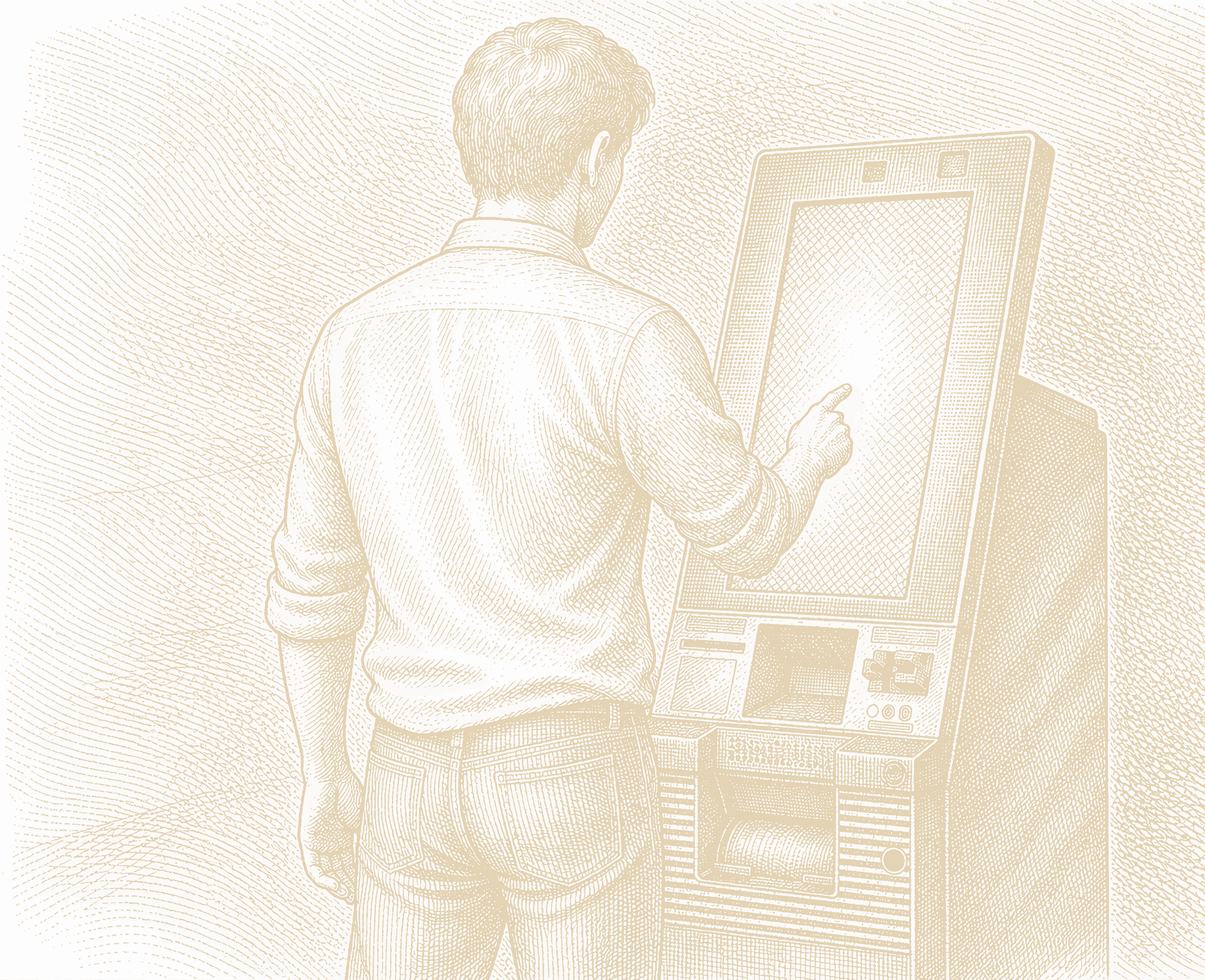 Etching-style illustration of a customer using a Pivot payment kiosk